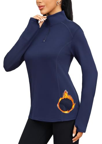 Terecey UPF 50+ UV T-Shirt Damen Atmungsaktiv Sportshirt 1/4 Zip Trainingsshirt Wandershirt mit Daumenloch -Sonnenschutz Sport Funktionsshirt Rash Guard fur Yoga Surf Golf, Navy Blau M