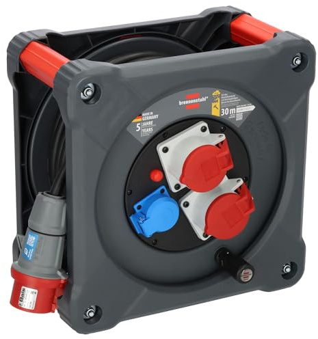 Brennenstuhl Professional Baustellen-Kabeltrommel KD 3200 C7, 30m | Mit CEE-Stecker, 2 CEE-Steckdosen und 1 Schutzkontakt-Steckdose, ständiger Einsatz im Freien, Made in Germany