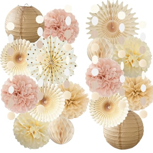 Pompons Deko Rosa Beige Boho Geburtstagdeko Babyparty Deko Mädchen Beige Rosa Papierfächer Papierlaternen für Geburtstag Vintage Hochzeits Party Deko