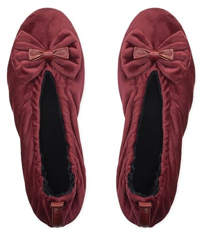 GLOVE STORY Pantuflas Bailarina de Interior para Mujer en Terciopelo con Suela de Cuero Suave - Material Suave y Cómodo - Pantuflas Bailarina Suaves para Mujer - Hechas a Mano (Burdeos L)