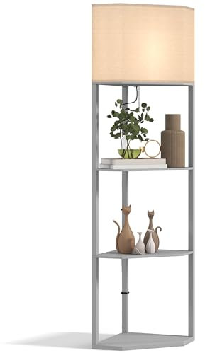 HOMCOM Corner Floor Lamp with Shelves, Modern Tall Standing Lamp with Chain Switch for Living Room, Bedroom, Bulb Not Included, Light Grey