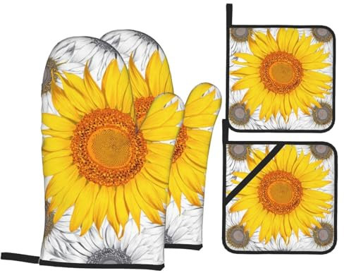 Set di 4 guanti da forno con fiori di girasole e presine, set da 4, da cucina, per cottura al barbecue, antiscivolo, resistenti al calore, guanti e tappetini da forno durevoli