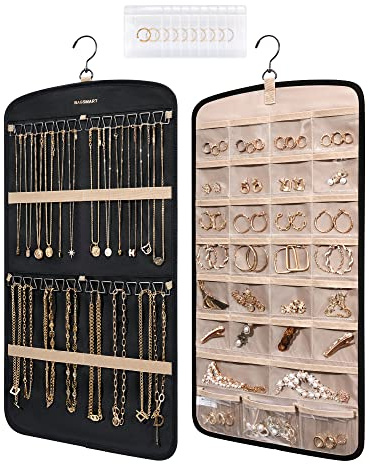 bagsmart Hanging Jewelry Organizer, Necklace Holder Anti-tangle Earrings Rings Hanger with 10 Jewelry Bags Travel Storage Roll with Pockets Hang on Closet, Wall, Door,1 Piece, Small, Black