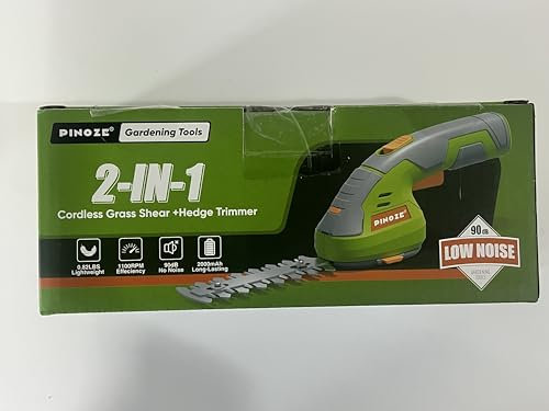 PINOZE Cordless Grass Shear & Hedge Trimmer - 2 in 1 Handheld 7.2V Small Electric Bush Trimmer, 2.0Ah Rechargeable Battery Powered Shrub Trimmers Grass Cutter for Garden, Yard, Lawn Care - Grey/Green