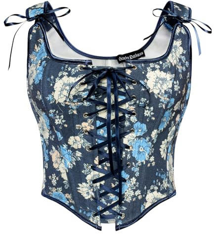SCARLET DARKNESS - Corsé floral para mujer, chaleco estilo Cottagecore, bustier de encaje, corsé medieval renacentista vintage, 46