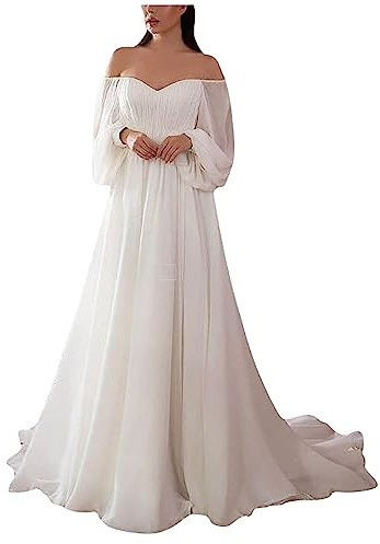 Brautkleid Lang Chiffon Abendkleider Elegant Für Hochzeit Hochzeitskleid Weiß Maxikleid Schulterfrei Brautjungfernkleider Festliches Cocktailkleid Rückenfrei Brautkleid Standesamt A Linie