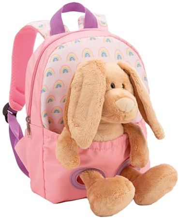 NICI Rucksack 21x26cm rosa mit Plüschtier Hase 25cm - Abnehmbarer Pluschspielzeug Weich Flauschig, Kindergarten Rucksack mit Kuscheltier für Jungen und Mädchen - 61763