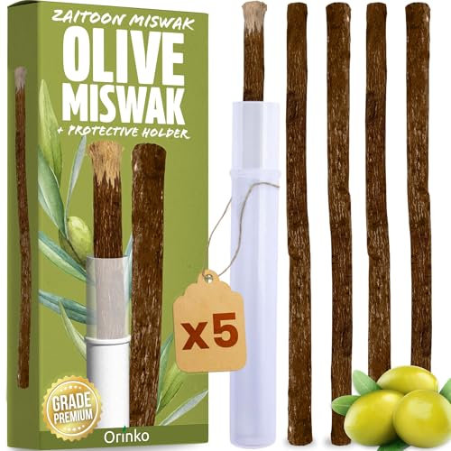 ORINKO® Miswak D'olivo x5 - Spazzolino Naturale per Denti - Bastoncini Sbiancanti Ecologici - Cura Dentale Tradizionale Araba - Pulizia Profonda e Freschezza Naturale