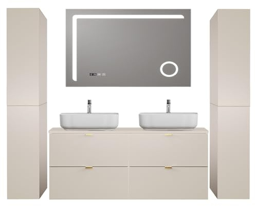Lomadox Badezimmer Badmöbel Set 4-teilig mit 120 cm Waschtisch in Kaschmir matt, DURANGO-56, inkl. Keramikwaschbecken & LED-Spiegel