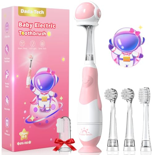 Toddler Electric Toothbrush Kids Age 1-2-3 Years Old, Infants & Baby Electric Toothbrush with Finger Tooth Brush, Cute Cover, LED Light, 2 Minutes Timer, 4 Brush Heads, Suction Cup (Pink Astronaut)