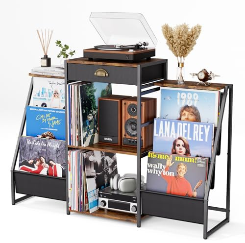 JunVpic Record Player Stand with Vinyl Storage – Record Table with Holder,6-Bin Vinyl Storage Rack & Drawer, Dual Side Display Shelves,Holds 200+ Albums,Turntable Stand for Living Room,Bedroom (Brown)