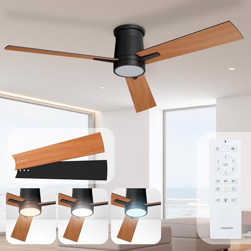 Noaton® Rhea nero/legno scuro Ventilatore da Soffitto con Luce e Telecomando, LED Dimmerabile 22,9 W, 3 Temperature di Colore, 3 Pale, Timer, con Motore DC 35 W, 6 Velocità, Ø132 cm, Silenzioso