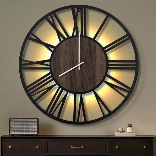 Maxstar 80CM Große Wanduhr Für Wohnzimmer, Batteriebetrieben,Still, Nicht Tickend, Holzstil, Moderne LED-Wanduhr Für Schlafzimmer, Garage, Büro, Esszimmer, Küchendekor (Römische Ziffern, Schwarz-32)