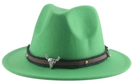 WUFANGBU Fedora Trilby Filzhut Hut Kinder Filzhut Mit Breiter Krempe Zylinder Jazz Hut Mit Flacher Krempe 52-54Cm Grün