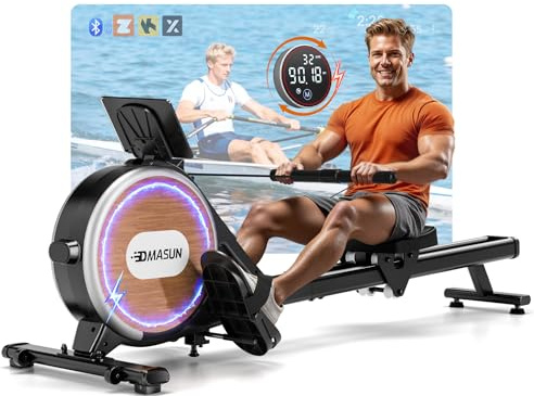 DMASUN Avanzada Máquina de Remo para Casa, 32 Niveles de Resistencia Magnética Silenciosa con 7 Tipos Luces de Colores, Compatible con Bluetooth y Apps, Maquina Remo con Rieles Doble，Capacidad 160 kg