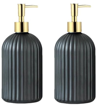 TRIXES Lot de 2 distributeurs de savon noirs et dorés – Finition mate nervurée | 400ml Flacon Pompe Rechargeable Savon & Lotion Accessoire Salle de Bain Cuisine Élégant