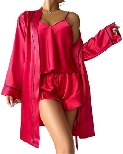 QAZWZG Women'S Cotton Pyjama Set Ice Silk Pajamas, Women's Camisole Shorts, Three Piece Nightgown Set, Comfortable For All Seasons Women's Summer Pyjamas Set(Red,XXL)