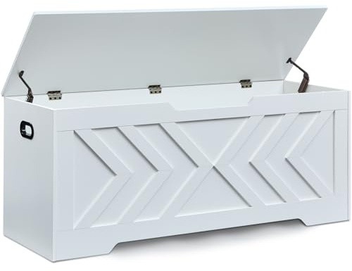 XDliv 47.2” Storage Bench,Extra Large Wooden Storage Chest with 2 Safety Hinges,entryway Bench,Blanket Storage,Shoe Storage Bench for Entryway,Bedroom,Living Room,Easy Assembly. (White, 47.2x15.7x19)