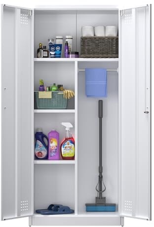 LOCENHU Besenschrank mit Belüftung und Magnetischem Verschluss, Vielseitig Einsetzbarer Metallschrank für Staubsauger, Reinigungsmittel, Kleidung und Haushaltswaren, 70x30x165 cm, Weiß