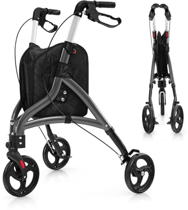 GOPLUS Rollator faltbar und leicht, Rollatoren Aluminium mit 6-fach verstellbarer Höhe, Wohnungsrollator mit 3 Rädern & Aufbewahrungstasche für jedes Gelände, Gehhilfe für Senioren & Erwachsene (Grau)