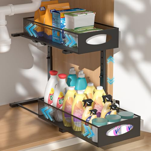 PUTINEI Organizador Bajo Fregadero,2 Niveles Organizador Fregadero,Altura Ajustable,Estanteria Bajo Fregadero Extraible,Organizador Cocina para Cocina, Baño, Negro,1 Pieza