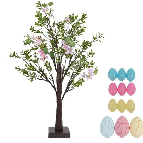 Easter Egg Tree with Eggs Ornaments, 2026 Easter Decorations Lighted White Birch Tree with Timer Battery Powered, for Home Tabletop Centerpiece Spring Indoor Decorations