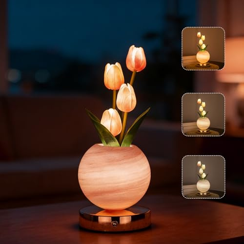 Lámpara De Mesa Tulipa, 3 Colores Lámpara De Noche Táctil en Cristal con Vaso a Intensidad Variable,Lámpara de Escritorio Recargable Inalámbrica,Regalo Romántico para Mujer Mamá (Tulipa-Rosa)