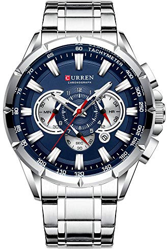 CURREN 8363 Herrklocka kvartsur med tre undervisare datumvisning blå fodralrem, silver., 22, sport, Silver., 22, Sport