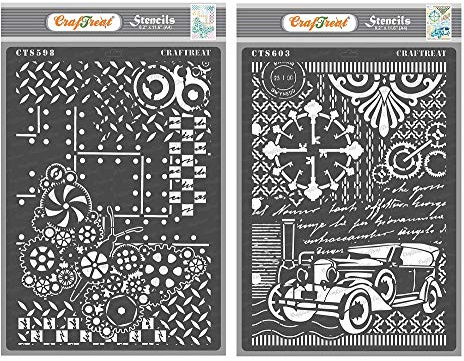 Wiederverwendbare CrafTreat-Schablonen zum Malen auf Holz und Wänden – Steampunk-Schmetterling und Oldtimer – 2er-Pack – jeweils A4 (8,3 x 11,7 Zoll) – DIY-Mischtechnik-Kunst- und Bastelschablonen