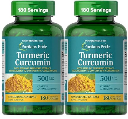 Puritan's Pride Turmeric Curcumin 500mg, Standarized to 95% Cucuminoids, Herbal Dietary Supplement for Antioxidant Health, 180 Radpid Release Capsules, Pack of 2