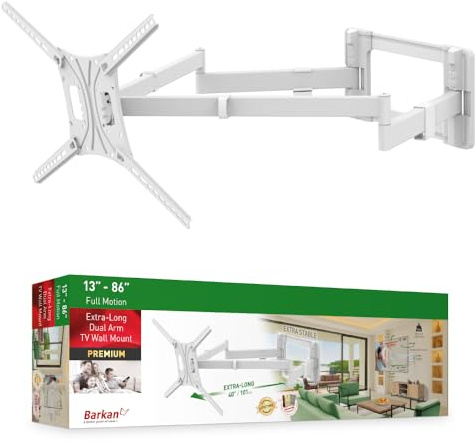 Barkan 40 Long White TV Wall Mount, 13-80 inch Dual Arm Full Motion Articulating - 4 Movement Flat/Curved Screen Bracket, Holds up to 110lbs, Extra Stable, Fits LED OLED LCD