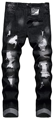 COOSVEN Jeans Strappati da Uomo, Gamba Dritta Slim Fit, Pantaloni in Denim con Fori, Nero strappato con Toppe Bianche, 48