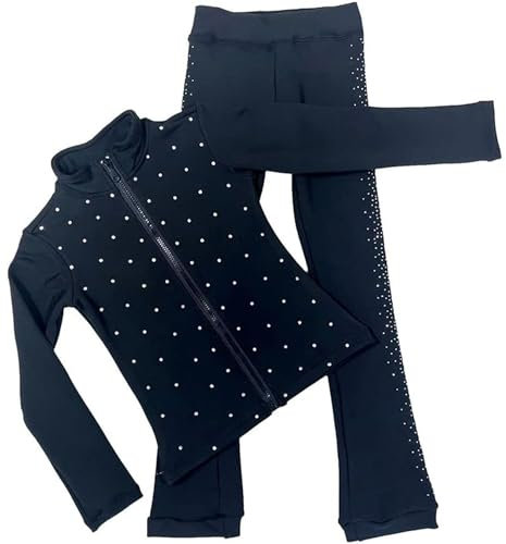 LIUHUO Eiskunstlauf-Trainingskleidung für Mädchen, schwarzes glänzendes Oberteil und Hose mit Strasssteinen, Schwarz , 120 cm