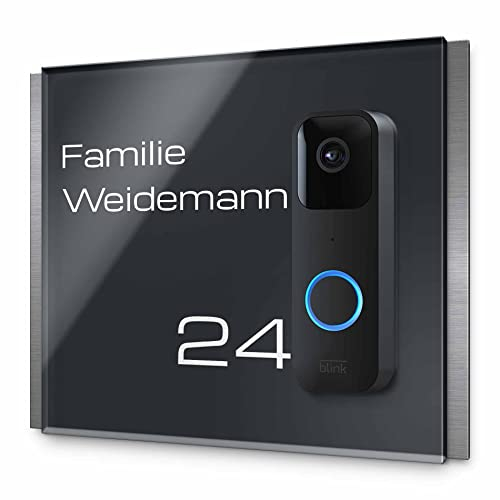 Edles Klingelschild für Blink Video Türklingel - personalisiertes Türschild Namensschild aus Edelstahl und Acrylglas | kompatibel mit Blink Klingel 1. Generation - hochwertiges Funkklingel Zubehör