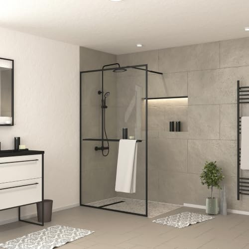 Paroi de Douche Noir Mat 120x200cm - Porte-serviette et étagère - DARK CONTOURING SHELF