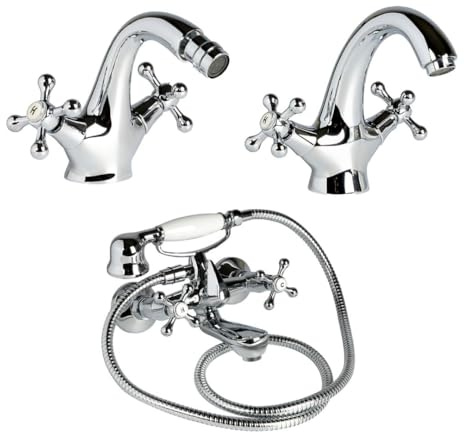 Kiamami Valentina - Set Rubinetti Bagno Stile Retrò | Miscelatore Lavabo, Bidet e Vasca | Finitura Cromata Elegante | Manopole a Croce
