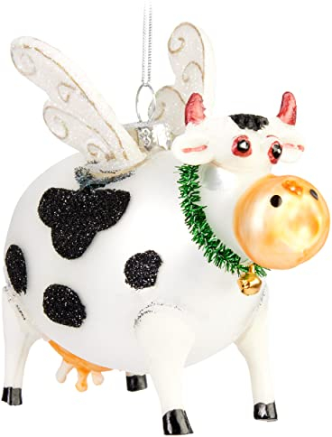 BRUBAKER Fliegende Kuh Weihnachtskugel aus Glas - Handbemalt und Mundgeblasen - Christbaumschmuck Rind mit Flügeln Lustig - Christbaumkugel Figuren Weihnachtsdeko Anhänger - Deko Baumkugel