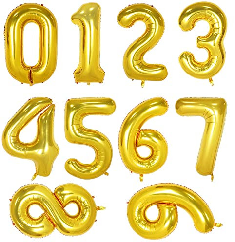 10 Pcs Number Balloon, Number 0-9 Foil Balloons 16 Inch Self Inflating Balloon Digital 0-9 Air Filled Helium Mylar Digit Balloons for Birthday Party Anniversary Celebration Decorations (Gold)