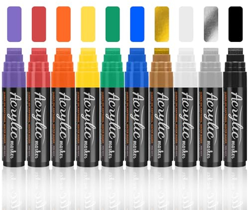 Lápices acrílicos de 10 colores de 15 mm anchos, 3 en 1 Jumbo acrílicos para graffiti, marcadores acrílicos para piedras, resistentes al agua, marcadores permanentes, finos para pintar, madera, vidrio
