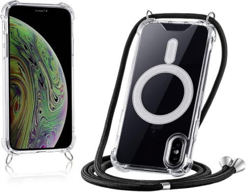 JProtect für iPhone X/XS Hülle mit Band und MagSafe – Magnetische Handykette für iPhone X/XS / 10 Magnet – Durchsichtige Umhängehülle Band Schwarz – Kette Handyhülle für MagSafe Zubehör