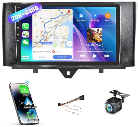 2G+64G Android Carplay Autoradio für Mercedes Benz Smart Fortwo W451 2011-2015 mit Android Auto, 9-Zoll 2.5D Bildschirm Radio mit GPS WiFi Bluetooth FM/RDS SWC +AHD Rückfahrkamera Auto Radio Receiver