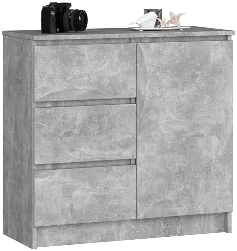 AKORD | Cassettiera K-80 JERRY con 3 Cassetti | Armadio Cameretta con 2 Ripiani e 1 Anta | Moderna Mobiletto per Soggiorno | Moderno | 80x77x35 cm | Cemento + Frontale In Cemento