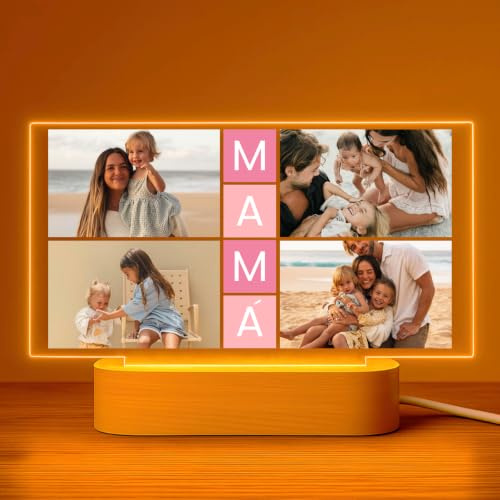 Cristal Plaque Lámpara Horizontal Personalizada con 4 Fotos y Texto Central – Placa Metacrilato con Luz LED y Base Madera USB – Regalo Original para Padres y Mamá