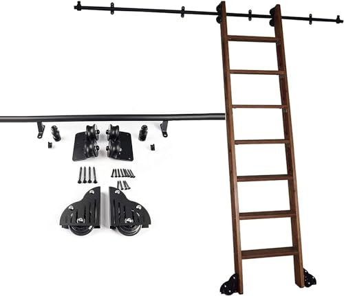 Schiebeleiter-Hardware, komplettes Rollschienenset für Holzleitern (ohne Leiter), Mobile Leiterschiene aus Rundrohr, komplettes Hardwareschienenset, Bodenrolle mit Bremse, Schwarze
