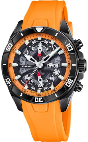 LOTUS Montre Homme Analogique en Caoutchouc Orange | Mouvement à Quartz, Chronographe, Calendrier, Verre Minéral Haute Résistance, Étanche 10 ATM 18945/3 Vortex