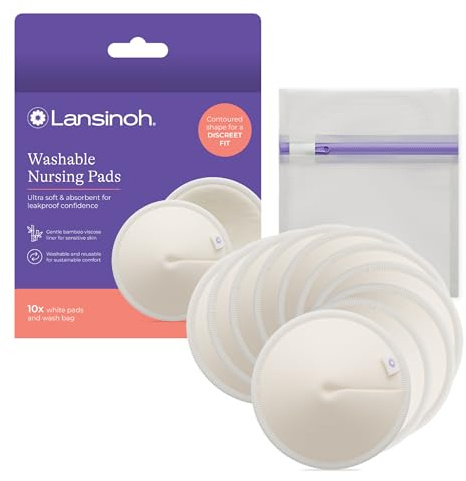 Lansinoh Washable Nursing Pads, Made with Organic Bamboo Viscose, Reusable Breast Pads for Breastfeeding with Wash Bag, Breastfeeding Essentials, 10 Count