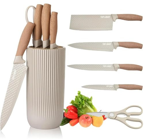 Kitchen Knife Set, 6 Pieces Professional Knife Set with Universal Knife Block, Super Sharp Knife Sets with Ergonomic Handle, Non-Stick Stainless Steel Knife Block Set (Khaki)