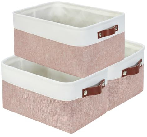 Mangata Cajas de almacenamiento rectangulares de tela, varios tamaños, cestas de material para estantes, armarios, juguetes y ropa, 36 x 26 x 18 cm, rosa y blanco (mediano, paquete de 3)