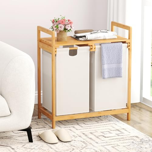 GIANTEX Tvättkorg 2 fack, tvättkorg med hylla, fristående badrumshylla av bambu, tvättsorterare för badrum 64 x 33 x 73 cm (vit)