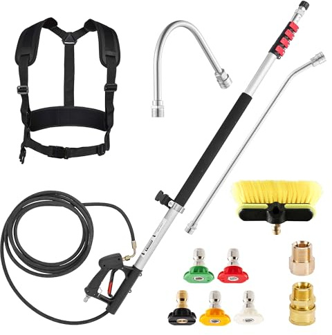 M MINGLE Lance Télescopique pour Nettoyeur Haute Pression 6 m, avec Rallonges, Tête de Brosse, 5 Embouts de Buse et Adaptateurs de Tuyau, Pour Nettoyage d'Extérieur de Maison, Fenêtres et Toits